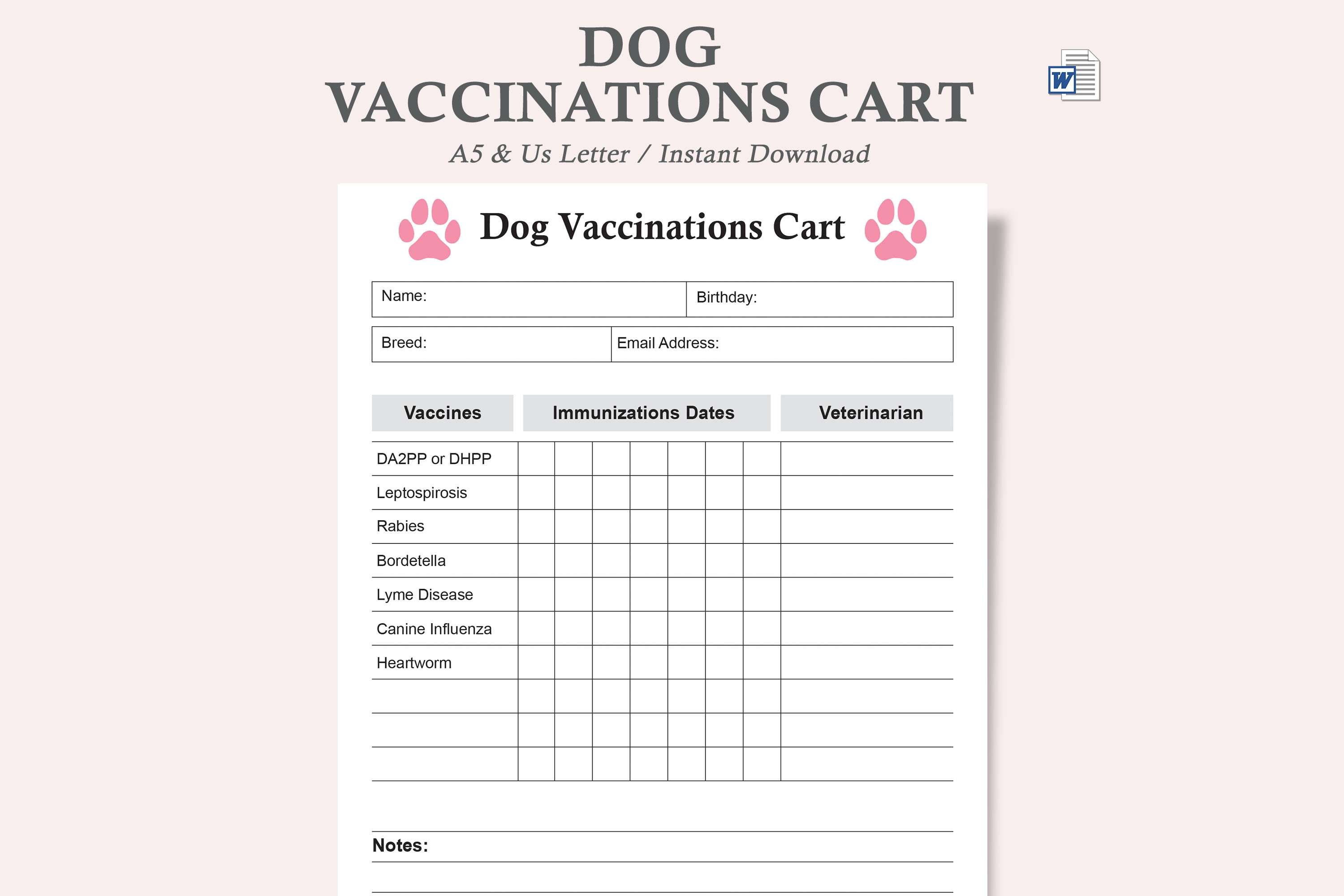 Dog Vaccination Chart,pet Health Record,canine Immunization Log,dog