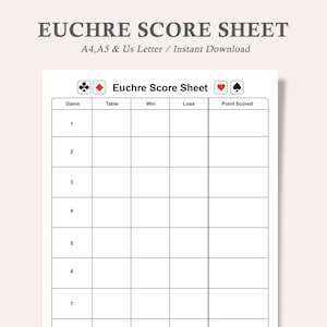 Feuille de pointage euchre,cartes de pointage imprimables,feuille de pointage tournoi euchre,feuille de pointage match euchre
