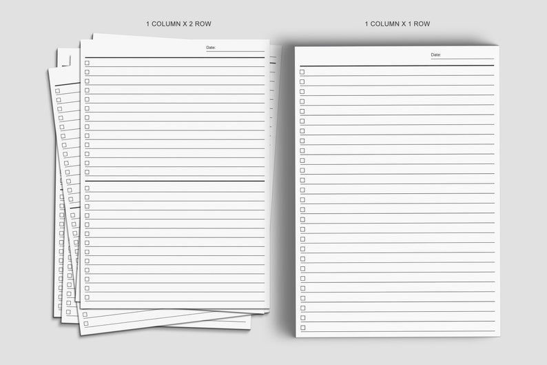 May include: Two blank checklist pages, one with two columns and the other with one column. Both pages have a header that says "1 Column x 2 Row" and "1 Column x 1 Row" respectively. Each page has a line for the date and a series of checkboxes and lines for writing.