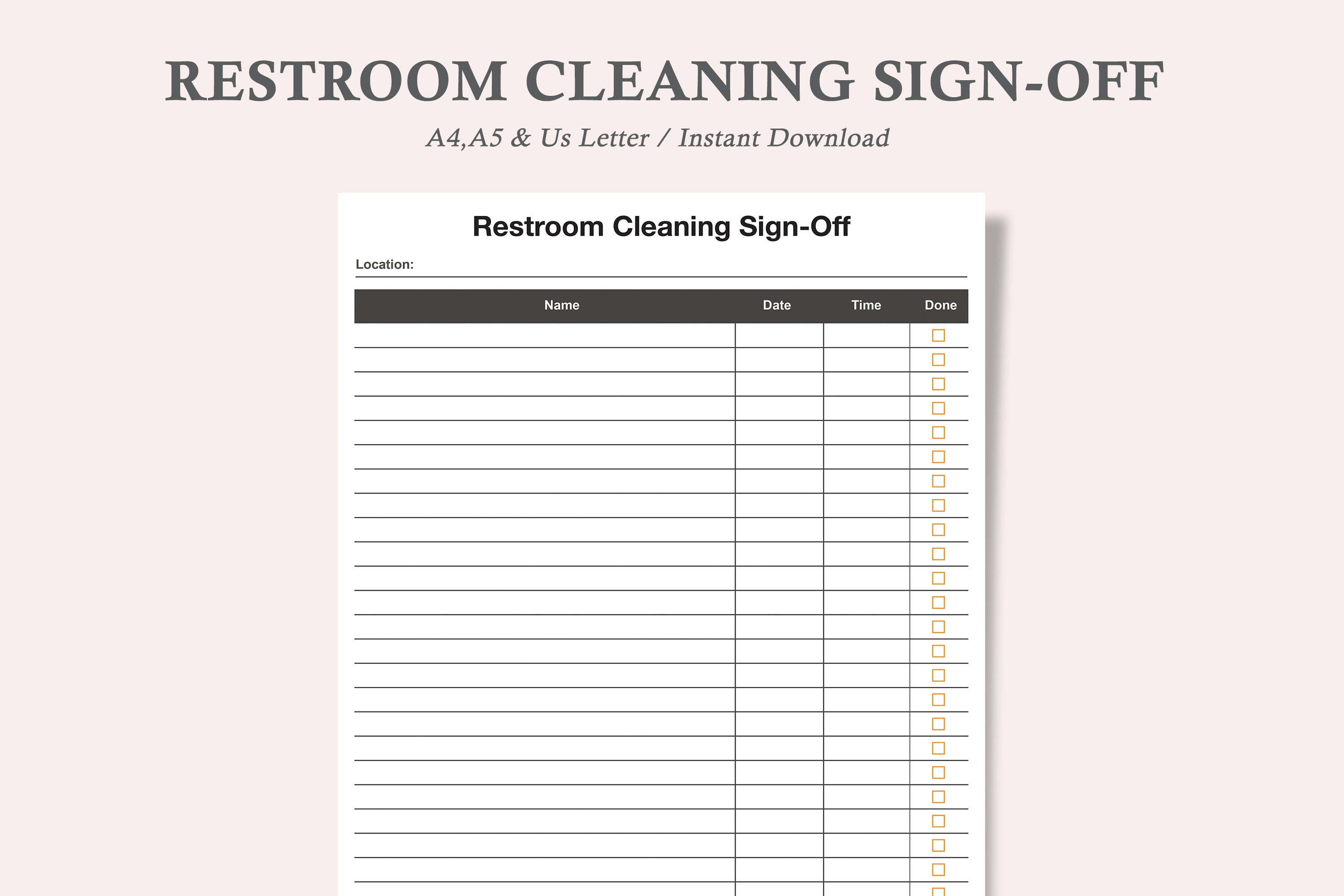 Feuille de signature pour le nettoyage des toilettes, calendrier de