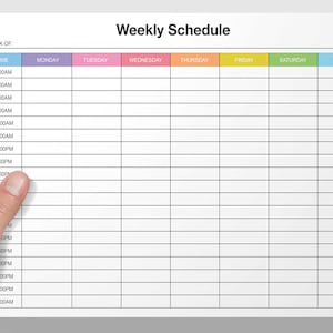 May include: A weekly schedule planner with a blank grid for each day of the week. The days are labeled with colored headers: Monday (purple), Tuesday (pink), Wednesday (orange), Thursday (yellow), Friday (green), Saturday (light blue), and Sunday (blue).