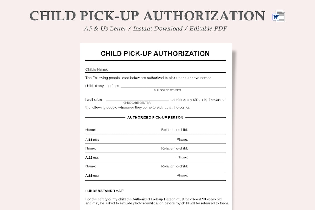 Child Pick-up Form,daycare Forms,daycare Provider,childcare Forms,child ...