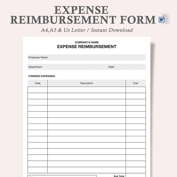 Spesen Rückerstattung Form,Speise Aufzeichnung,Büromaterial Form,Meilen Rückerstattung,Erstattung Rapport,Personalkosten,A4,A5,US Letter