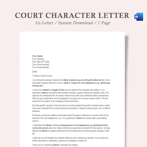 May include: A white document titled "COURT CHARACTER LETTER" with the text "Us Letter / Instant Download / 1 Page." The document includes sections for the sender's and recipient's information, and a space for the body of the letter.