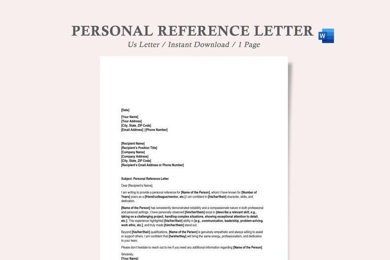 Personal Reference Letter,professional Reference Letter,template for ...