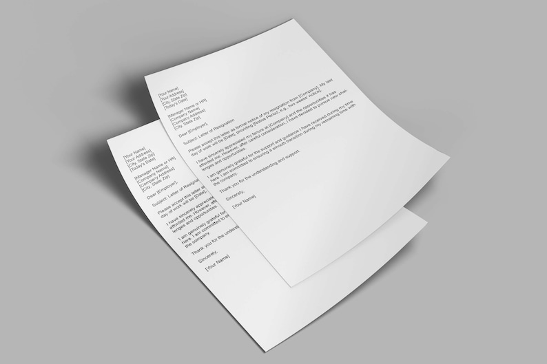 May include: A resignation letter template with a formal letter format. The letter includes a subject line, salutation, and a closing. The text includes the phrase "Please accept this letter as formal notice of my resignation from [Company]"