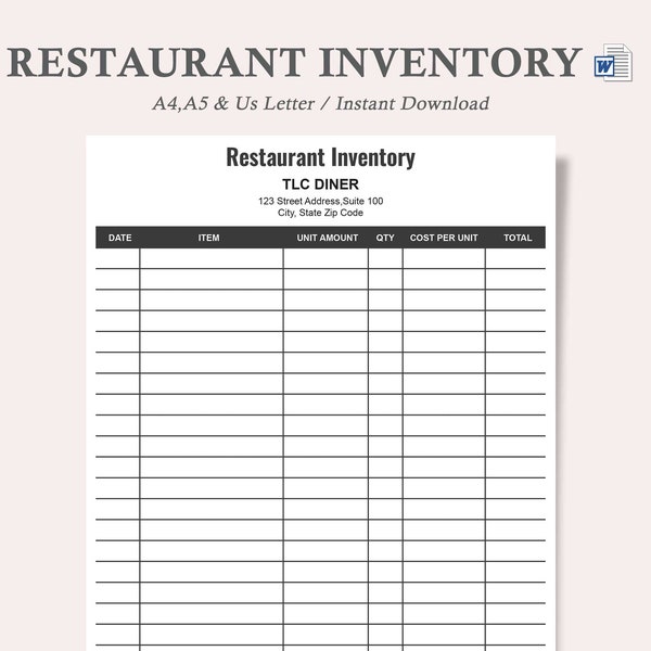 Restaurant Inventory,Food Inventory,kitchen Inventory,Food Inventory,Freezer Inventory,Pantry Inventory,Inventory List,A4,A5,Us Letter