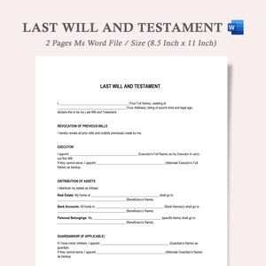 Könnte beinhalten: Gedrucktes Testament-Dokument auf weißem Papier. Das Dokument enthält Abschnitte für persönliche Informationen, den Widerruf früherer Testamente, Angaben zum Testamentsvollstrecker, die Verteilung des Vermögens und die Vormundschaft. Das Dokument ist 21,6 x 27,9 cm groß.