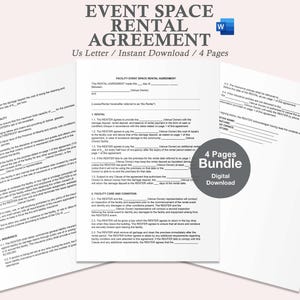 Puede incluir: Un paquete de contrato de alquiler de espacio para eventos de cuatro páginas disponible para descarga digital. El documento incluye secciones sobre la responsabilidad del arrendatario, el cuidado y la condición de las instalaciones y el seguro.