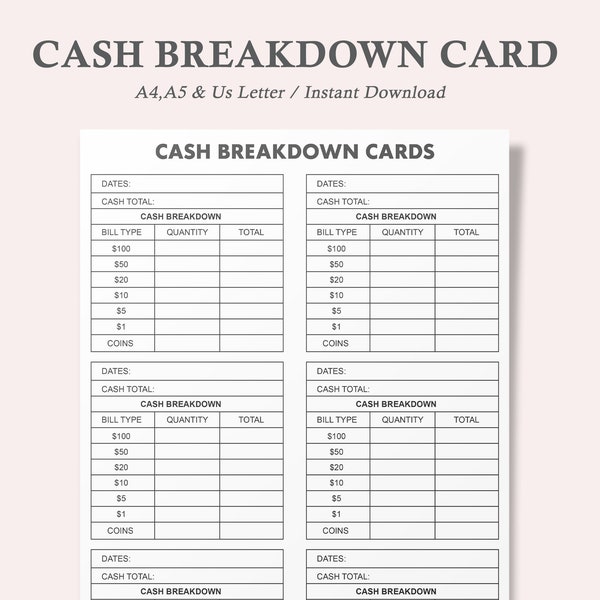 Cash Breakdown Card,Cash Breakdown Count Sheet,Cash Breakdown,Cash Envelopes,Cash Tracker,Cash Count Sheet,Cash Withdraw,A4,A5,Us Letter