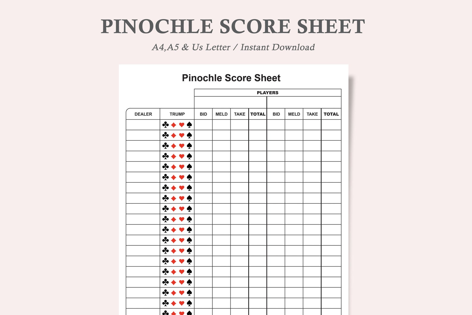 Pinochle Game Score Sheet,pinochle Score Card,pinochle Scoring,pinochle