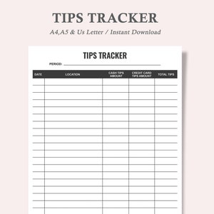 May include: A black and white printable tips tracker with columns for date, location, cash tips amount, credit card tips amount, and total tips.