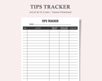 Tips Tracker,tips income tracker,waiter tip tracker,a4 and a5 planner