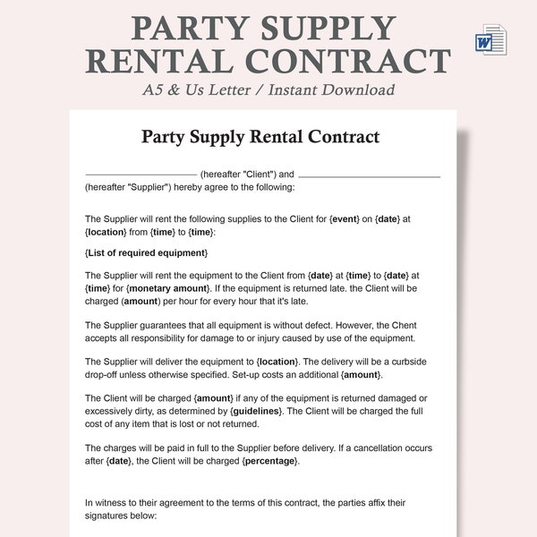 Party supply rental contract,Party supply contract,Supply agreement,Venue party provider form,Event supply contract,Party contract template