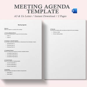 May include: A digital template for a meeting agenda, with the title "MEETING AGENDA TEMPLATE" in a bold, dark font. The template is designed for A5 and US Letter sizes and is available for instant download. The document is two pages long.