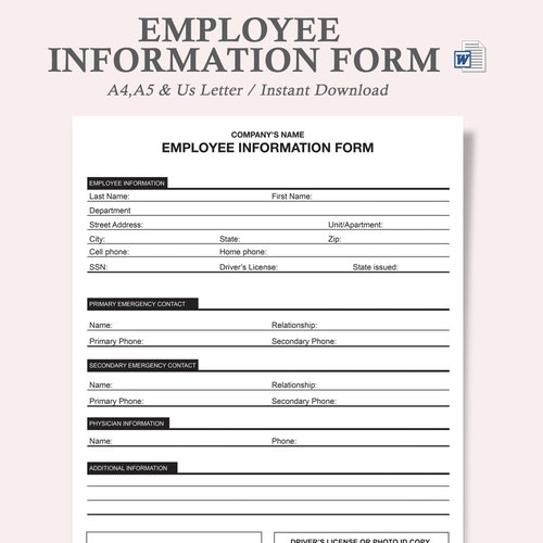Employee Information Printable Form New Hire Sheet Digital Etsy