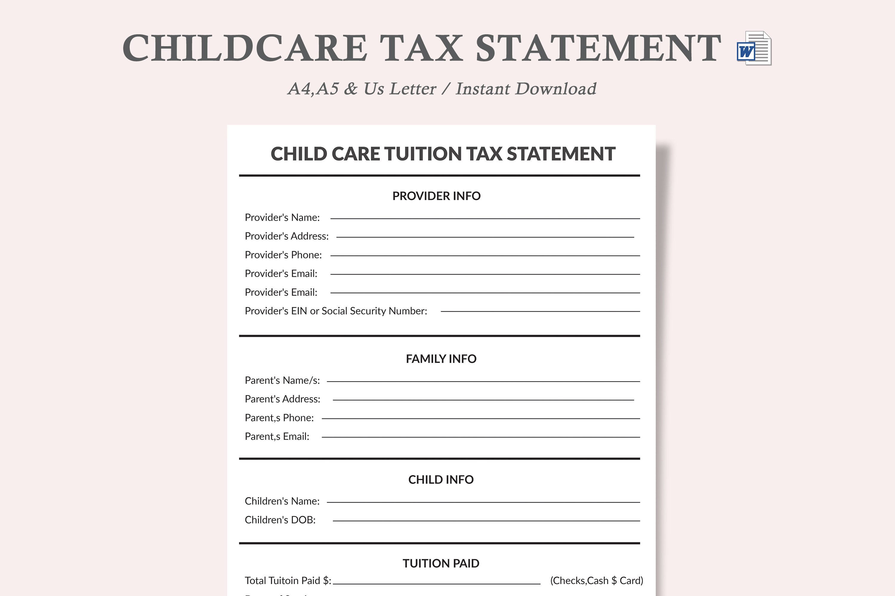 Childcare Tax Statement,child Tax Statement,daycare Tax Form,daycare Tax, childcare Form,printable Daycare,preschools,a4,a5us Letter - Etsy