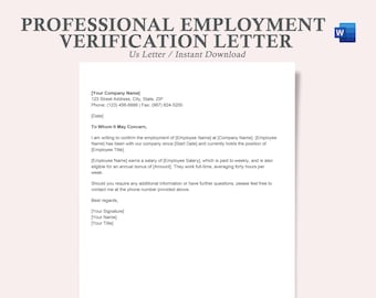 Puede incluir: Una plantilla de carta de verificación de empleo profesional en un documento blanco con un logotipo de Microsoft Word azul y blanco en la esquina superior derecha. La plantilla incluye una carta de muestra con marcadores de posición para el nombre de la empresa, la dirección, el número de teléfono, el número de fax, la fecha, el nombre del empleado, el nombre de la empresa, la fecha de inicio, el título del puesto, el salario, el monto del bono y la firma.