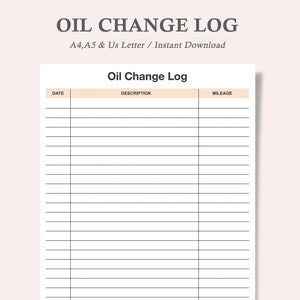 Oil Change Log,Mileage Log,Oil Change Tracker,Oil Change,Oil Change Record,Vehicle Log Journal,Oil Change PLanner,A4,A5,Us Letter