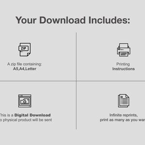 May include: A digital download includes a zip file containing printable files in A5, A4, and Letter sizes. Printing instructions are also included. This is a digital download, no physical product will be sent.