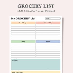 Grocery List,Grocery Shopping,Grocery Checklist,List Tracker,Grocery Planner,Grocery Template,Grocery Insert,A4,A5,Us Letter