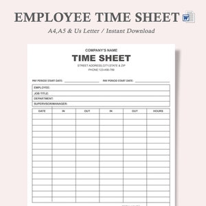 Può includere: Un modello di foglio presenze stampabile in bianco e nero con il titolo "EMPLOYEE TIME SHEET" e il testo "A4,A5 & Us Letter / Instant Download". Il modello include campi per il nome del dipendente, il titolo del lavoro, il reparto, il supervisore/manager, la data di inizio del periodo di pagamento, la data, l'ingresso, l'uscita e le ore.