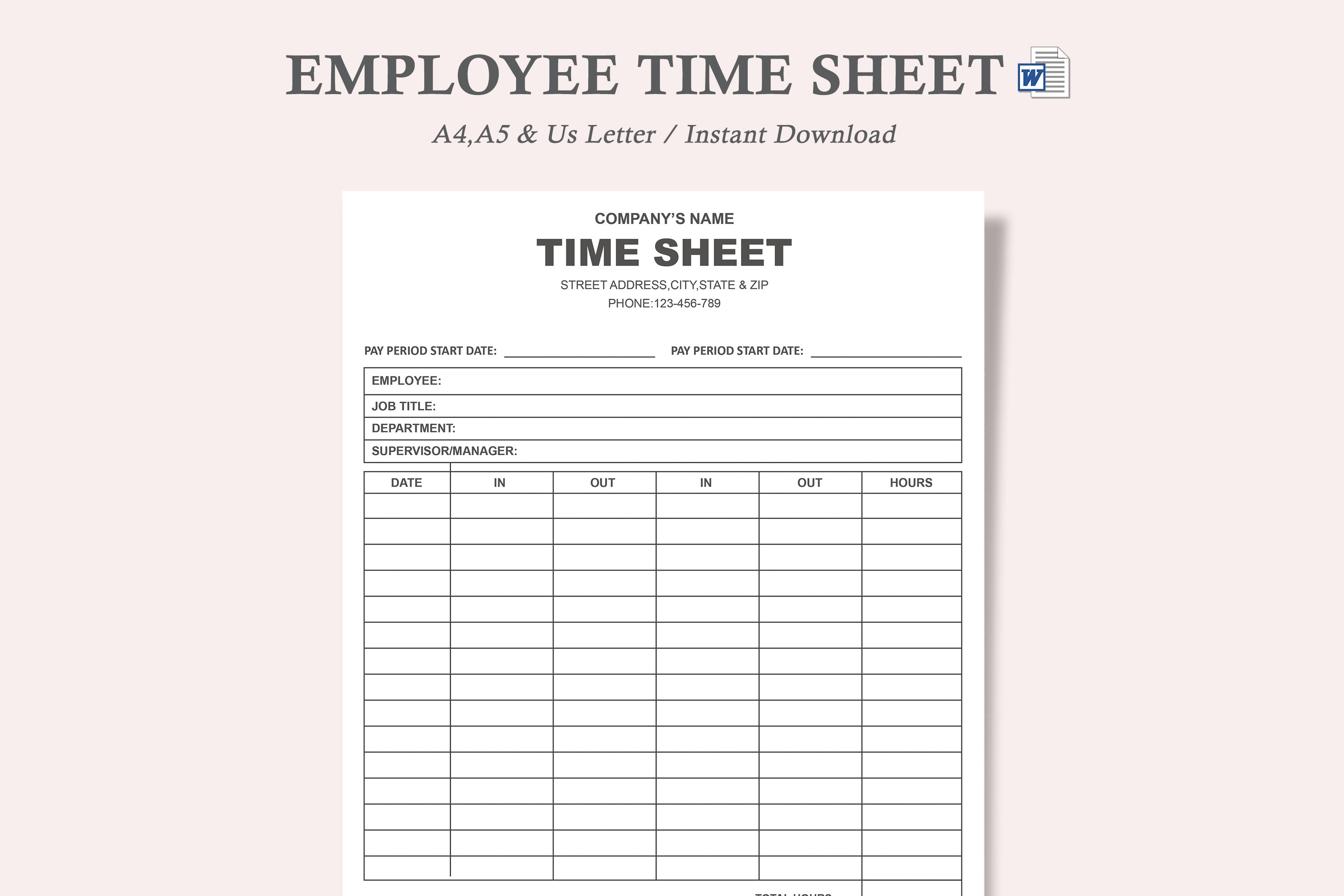 Employee Time Sheet Printable Form,timesheet,time Log,employee Schedule,editable Time Sheet