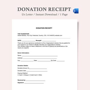 May include: A donation receipt template for a foundation. The template includes fields for the date, receipt number, donor information, donation details, and payment method. It also includes a space for the recipient's signature.