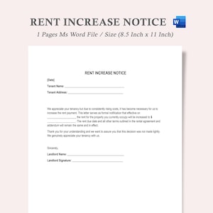 Peut inclure: Document blanc intitulé « AVIS D'AUGMENTATION DE LOYER » avec un logo Microsoft Word. Le document comprend des champs pour les informations du locataire et un avis d'augmentation de loyer. Format 21,6 x 27,9 cm.