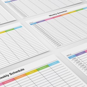 May include: A printable weekly schedule template with a colorful header. The header includes the days of the week: Monday, Tuesday, Wednesday, Thursday, Friday, Saturday, and Sunday. The template is designed for planning and organizing daily activities.