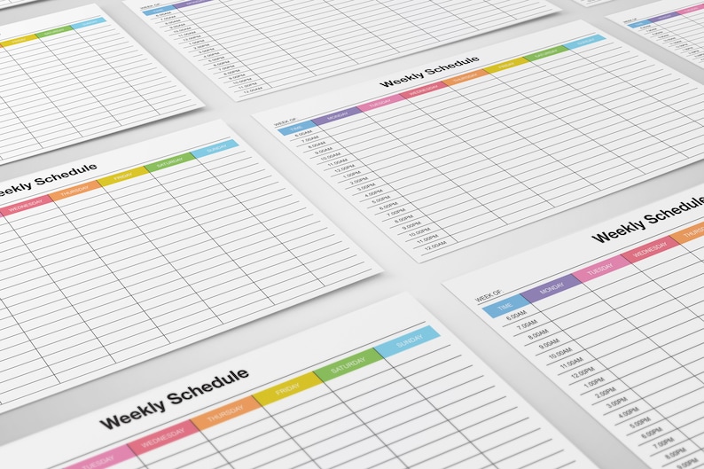 May include: A printable weekly schedule template with a colorful header. The header includes the days of the week: Monday, Tuesday, Wednesday, Thursday, Friday, Saturday, and Sunday. The template is designed for planning and organizing daily activities.