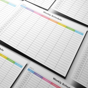 May include: A printable weekly schedule template with a colorful header. The header includes the days of the week: Monday, Tuesday, Wednesday, Thursday, Friday, Saturday, and Sunday. The template is designed for planning and organizing your week.
