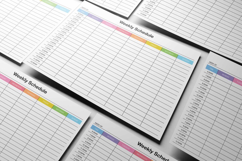 May include: A printable weekly schedule template with a colorful header. The header includes the days of the week: Monday, Tuesday, Wednesday, Thursday, Friday, Saturday, and Sunday. The template is designed for planning and organizing your week.