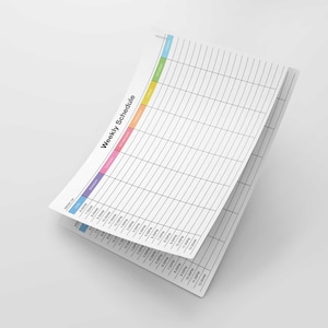 May include: A weekly schedule planner with a grid layout and colored columns for different days of the week. The days of the week are labeled at the top of the columns, and the times are listed down the left side of the grid.
