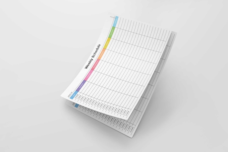 May include: A weekly schedule planner with a grid layout and colored columns for different days of the week. The days of the week are labeled at the top of the columns, and the times are listed down the left side of the grid.