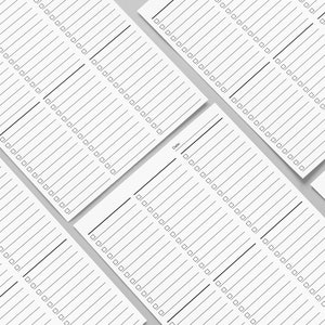May include: Five blank white checklist pages with a black line down the center of each page. Each page has a series of checkboxes.