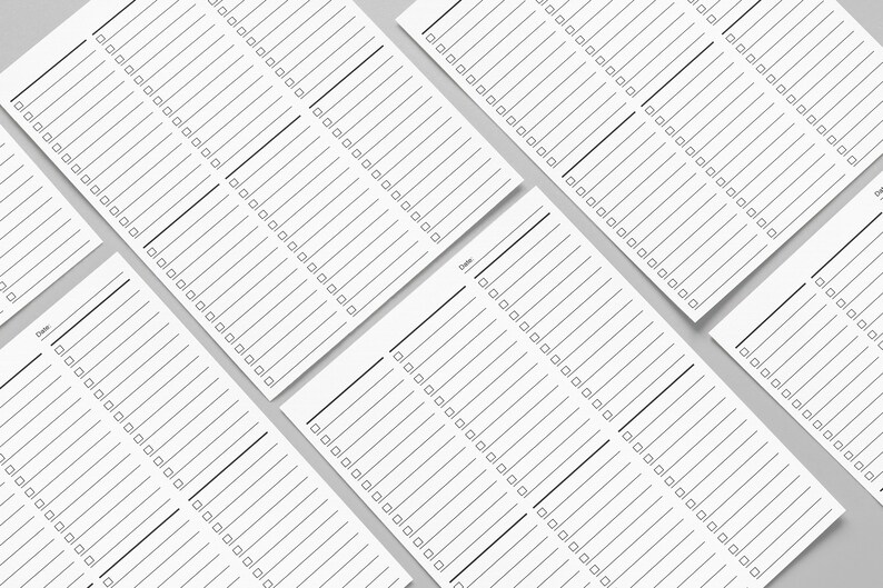 May include: Five blank white checklist pages with a black line down the center of each page. Each page has a series of checkboxes.