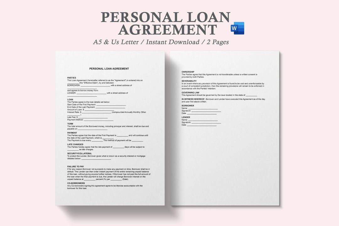 Personal Loan Agreement,personal Loan Document Template,personal Loan
