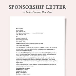 Plantilla de carta de patrocinio, carta de patrocinio editable, carta de apoyo para viajes, documento de patrocinio editable