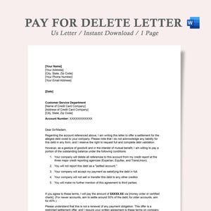 Puede incluir: Documento blanco titulado "PAY FOR DELETE LETTER" con un icono de Word. El documento es una plantilla de carta, con secciones para los datos del remitente y del destinatario, y un texto detallado.