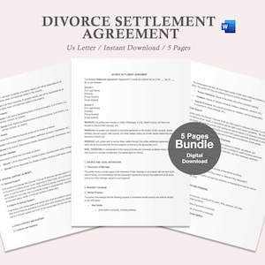 May include: A bundle of five-page divorce settlement agreement documents. The documents are printed on white paper with black text. The title "DIVORCE SETTLEMENT AGREEMENT" is at the top. The image also includes the text "Us Letter / Instant Download / 5 Pages".