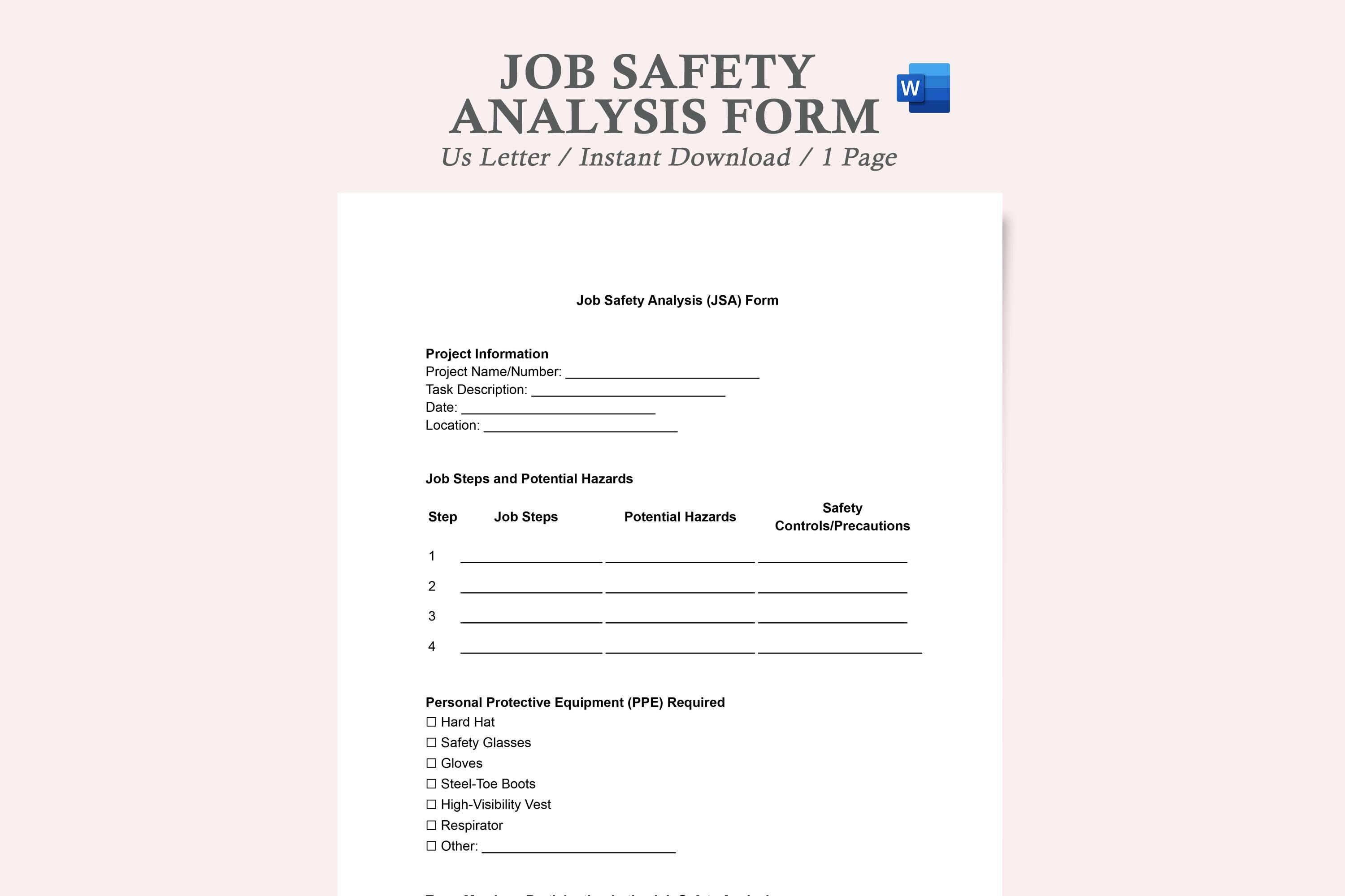 job safety analysis template,jsa template word,printable jsa form,printable job safety analysis form,blank jsa form,jsa worksheet
