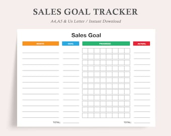 May include: A printable sales goal tracker with columns for month, goal, progress, and actual. The tracker is designed for A4, A5, and US Letter sizes.