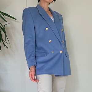 Vintage Wool-Cashmere Light Blue Color Double-Breasted Blazer With Statement Buttons