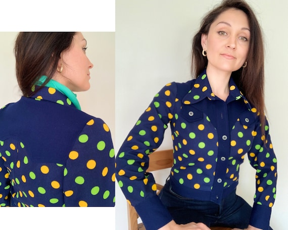 Vintage 70s Navy Blue & Polka Dot Shirt-Jacket/70s