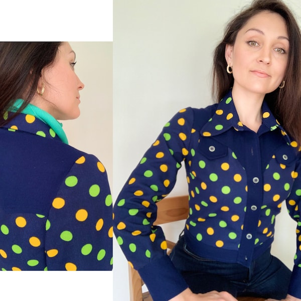 vintage 70s Navy Blue - Polka Dot Shirt-Jacket/70s Statement Collar Shirt/70s Statement Jacket/Dagger Collar Jacket/Statement Cropped Jacket