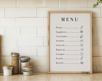 Pasta Types Printable Wall Art | Italian Pasta Guide Poster | Kitchen Wall Decor Digital Download | Illustrated Pasta Menu | Food Lover Gift