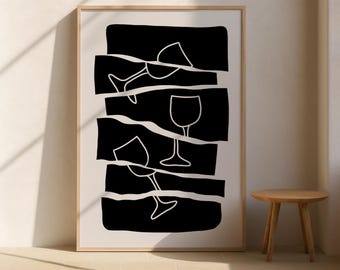 Abstract Wine Glass Printable Wall Art | Modern Black and White Wine Poster | Contemporary Home Bar Art | Digital Download