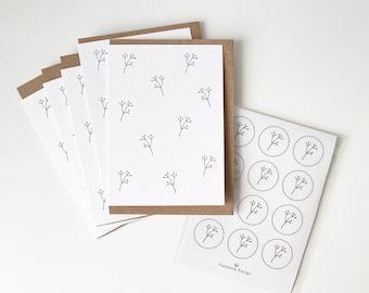 グリーティングカード文房具セット あらゆる機会に使える美しいイラスト入りフラワーカードとステッカー、モノグラム文房具、植物柄