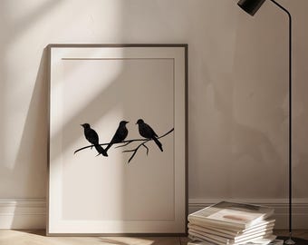 Minimalist Bird Print | Black Birds on Branch, Neutral Scandinavian Japandi Wall Art (Digital Download)